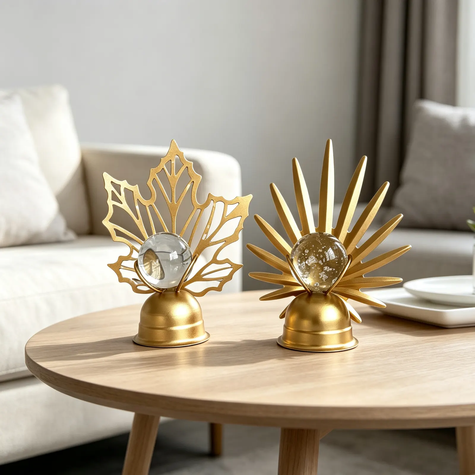 Luxury gold home decor items, desktop ornaments, crystal balls, wrought iron crafts, metal leaves
